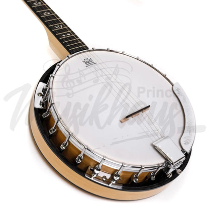 Heartland 5 String Deluxe Irish Banjo Left Handed 24 Bracket With Closed Solid Back Maple Finish