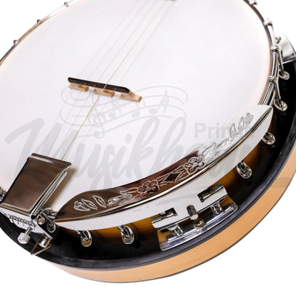 Heartland 5 String Deluxe Irish Banjo Left Handed 24 Bracket With Closed Solid Back Maple Finish