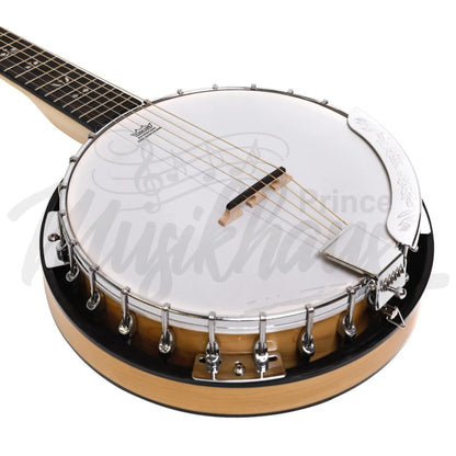 Heartland 6 String Deluxe Irish Banjo Left Handed 24 Bracket With Closed Solid Back Maple Finish