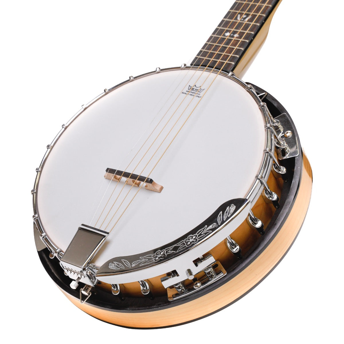 HEARTLAND 6 STRING DELUXE IRISH BANJO LEFT HANDED 24 BRACKET WITH CLOSED SOLID BACK MAPLE FINISH